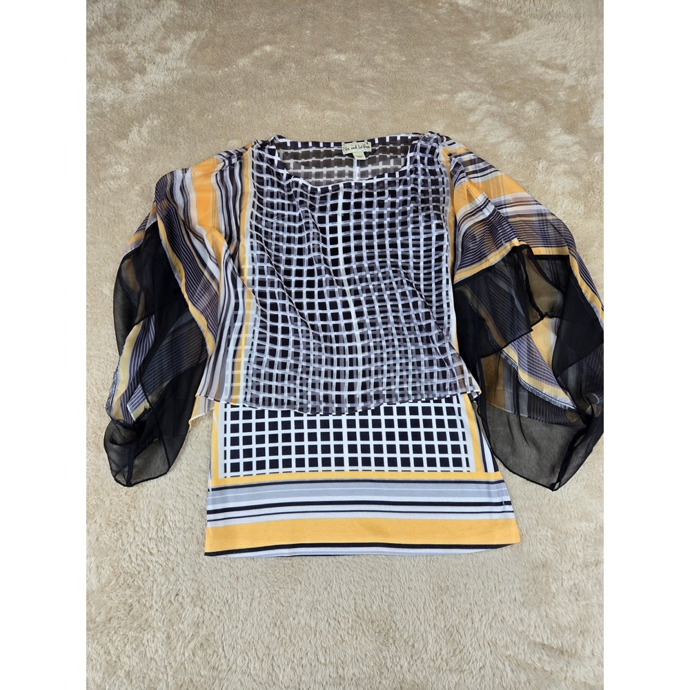 Live and Let Live‎ Yellow Black Geometric Grid Stripe Flutter Sleeve Blouse S